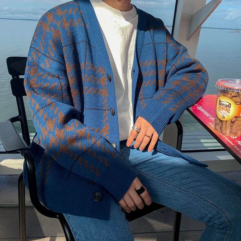 Autumn Men's Clothing Luxury Knit V Collar Cardigan Sweater Coat Long Sleeve Korean Popular Leisure Patchwork Knitwear M-3XL