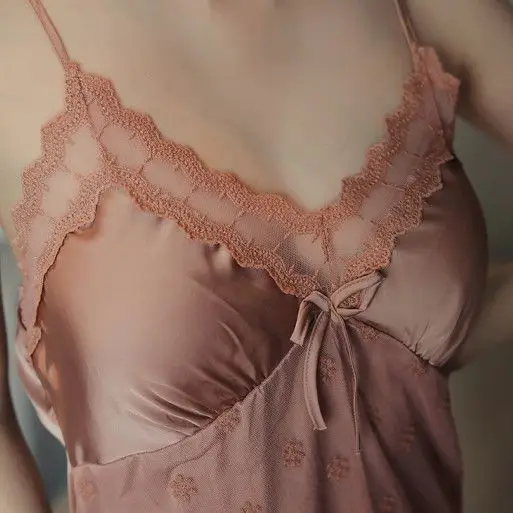 Women sexy pajamas Ice silk halter nightdress Spring autumn sleepdress with breast cushion Lacework pyjamas bow slit sleepwear
