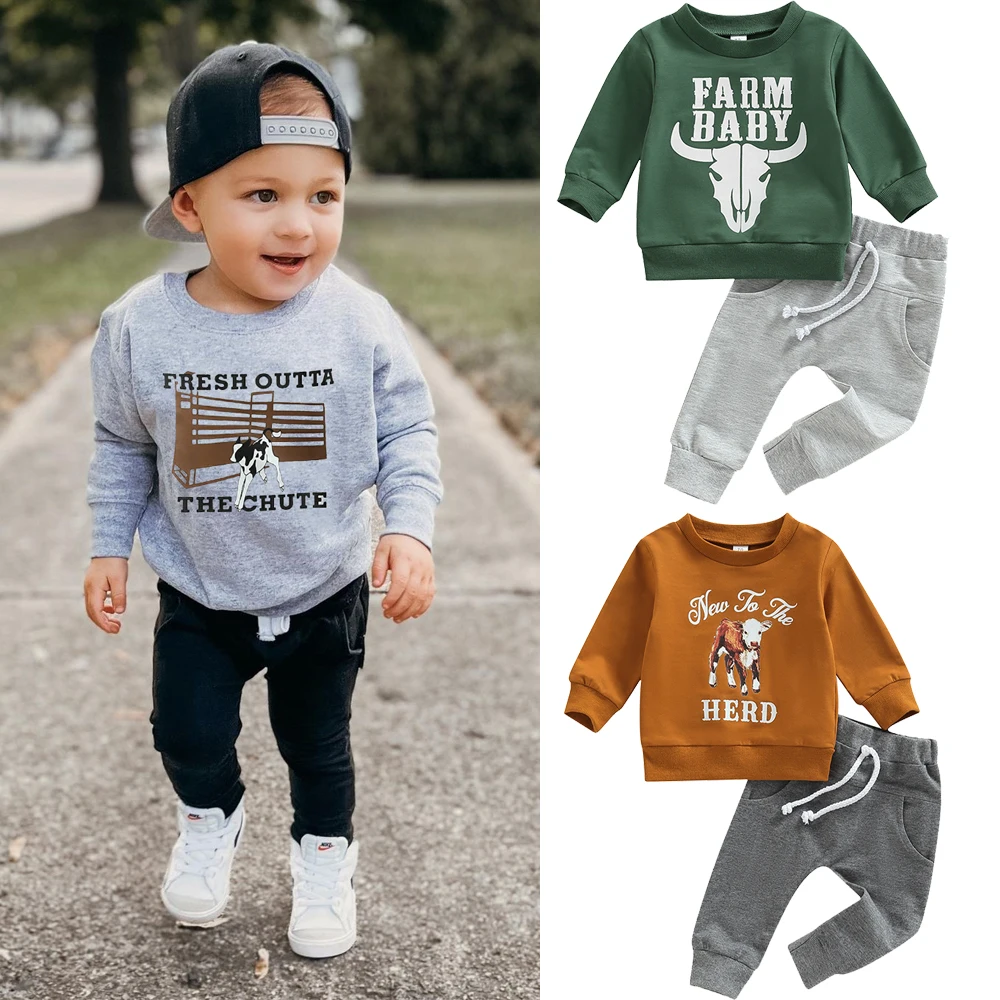 

Autumn Toddler Newborn Baby Boys Clothes Sets Cow Letter Print Long Sleeve Sweatshirts Tops+Drawstring Pocket Long Pants Outfits