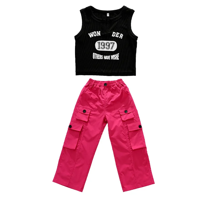Hip Hop Girls Crop Tank Top Pink Cargo Pants Child Solid Joggers Streetwear  Clothes Sets Kids Lovely Street Dance Jazz Costume