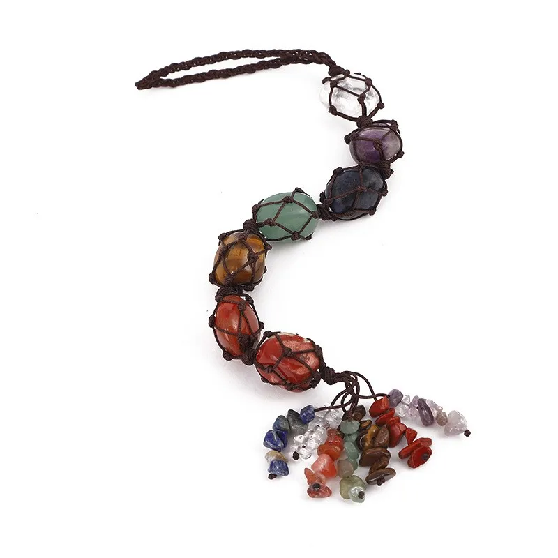 

Crystal stone car pendant 7 Chakra Tumbled Gemstone Tassel Hanging Ornament Stones Car DecorSeven-color chakra Natural