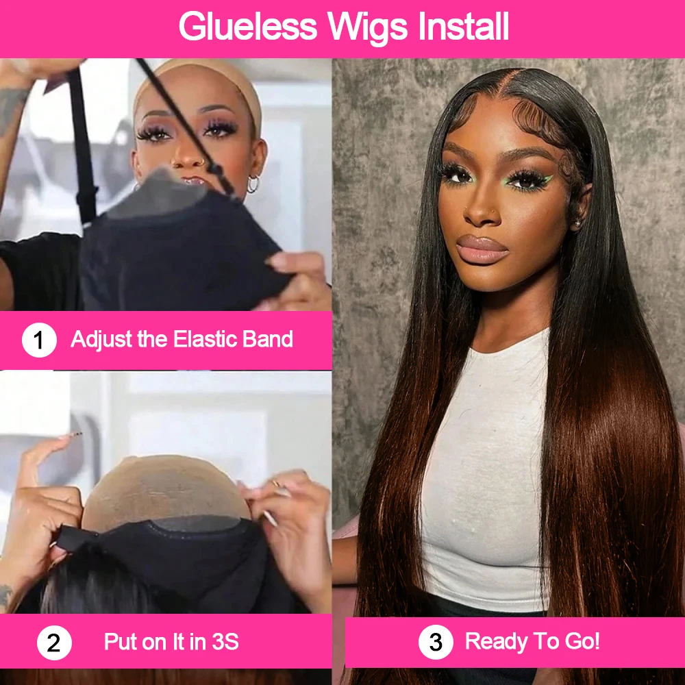 Perruque de cheveux humains sans colle vietnamienne 250% de densité, prête à porter en 3 secondes, avec frontal en dentelle HD 13×4, effet ombré coloré, pour femmes, sans colle, avec partie naturelle pré-coupée, pour débutantes, longue, dégradée, douce et soyeuse
