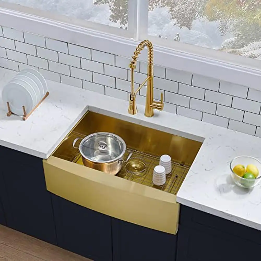 Gold Stainless Steel Farmhouse Kitchen Sink 33 Inch Single Bowl Brushed Brass Apron Front Durable 304 Material Scratch Resistant 4