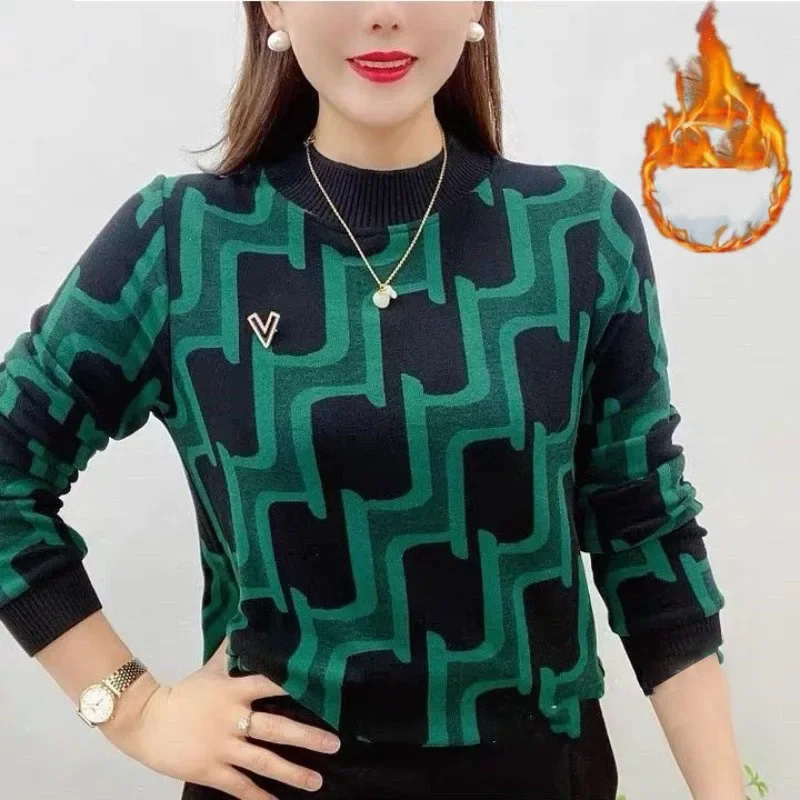Autumn and Winter Lady Fashion Round Neck Geometric Patchwork Tops Commute Casual Contrast Color Sweatshirts Women\'s Clothing