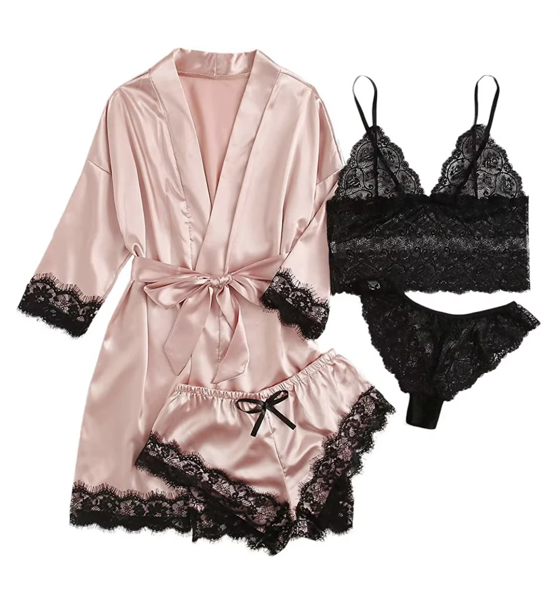 2025New Women's Pajama Fashion 4-piece Set Lace Satin Strap Sexy Pajama Set Dress Skin friendly Comfortable Casual Pajama Skirt
