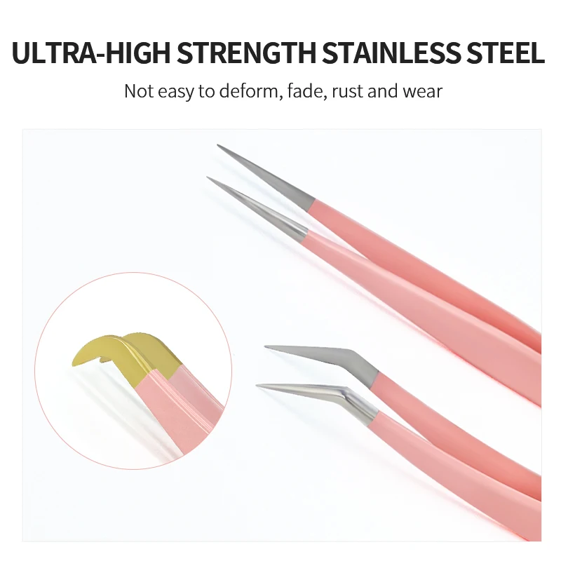Sakurahana High Precision Steel Pink Eyelash Tweezers Stainless Steel Superhard Anti-Static Tweezers Makeup Tools 4