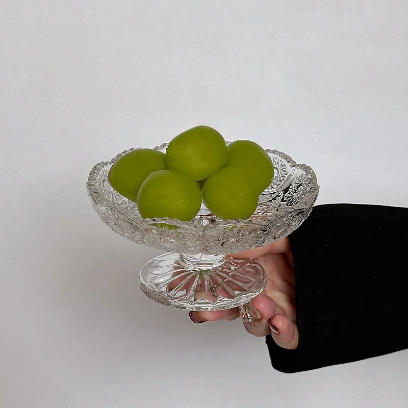 Small Embossed Glass Fruit Bowl Crystal Clear Pedestal Serving Dish for Dessert Snacks Elegant Storage Tray Compact Table Decor 3