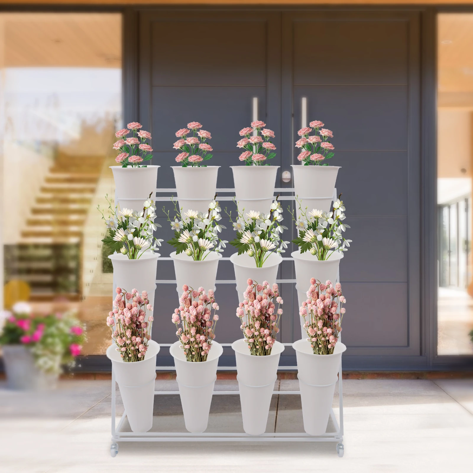 3 Layers Metal Plant Stand with Wheels Modern Plant Shelf  Flower Bucket Indoor Outdoor Flower Display Stand Flower Rack 3