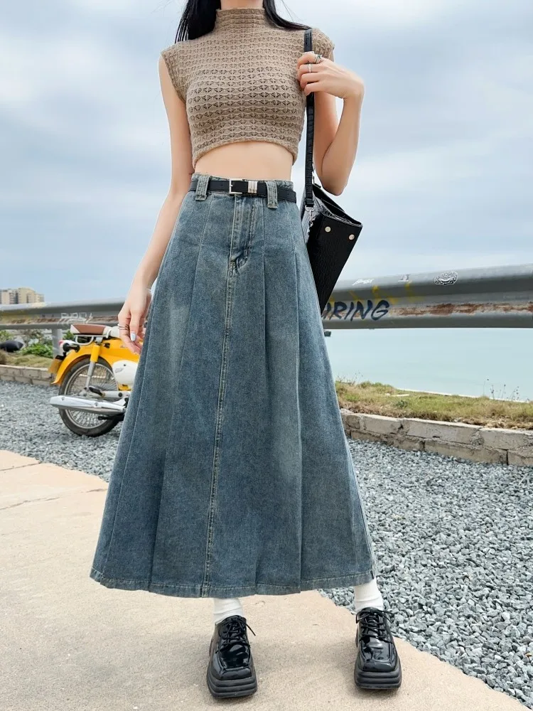 

Summer Pleated Skirt Woman High Waist A Line Vintage Blue Long Skirts