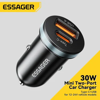 Essager 30W USB C Caricabatteria per auto Tipo C Caricatore rapido PD QC 3.0 SCP 5A Ricarica rapida per telefono per auto per iPhone Xiaomi Samsung
