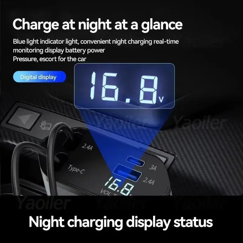 120W 4-in-1 Retractable Car Charger USB-C IPhone Samsung Fast Charging Adapter