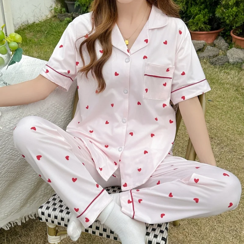 Spring Summer Women's Thin Pajamas Lapel Short Sleeve Cardigan Pants Loose Casual Home Clothing Set Sweet Cute Sleepwear
