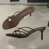 Aneikeh Fashion Low Thin Heels Design Narrow Band Women Slippers Narrow Band Round Head Sandal Mules Slides Shoes Zapatos Mujer
