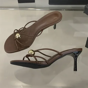 Aneikeh Fashion Low Thin Heels Design Narrow Band Women Slippers Narrow Band Round Head Sandal Mules Slides Shoes Zapatos Mujer