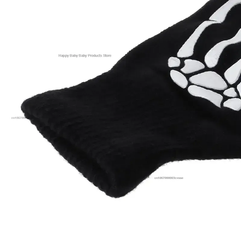 5-11T Kids Halloween Skeleton Skull Half Finger Luminous Punk Gloves Winter Skull Fingerless Black Mitten 1pair