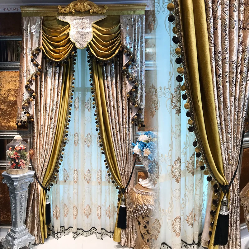 

European Embroidered Tulle Brown Valance Luxury Curtains for Living Room Bedroom Blackout Flannelette Custom American Elegant