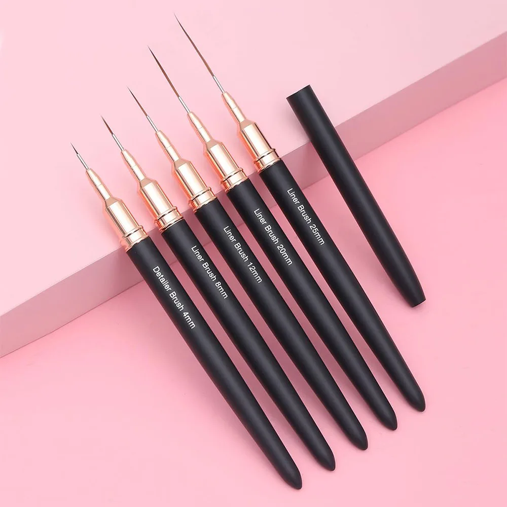 Black Nail Art Liner Brushes 5Sizes Painting Nail Design Pen /8/12/20/25mm Drawing Tool for Long Lines Thin Details Manicure Pen 2