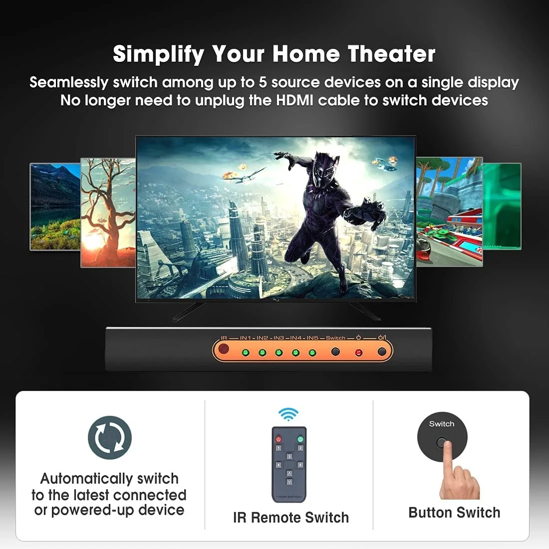 4K 60Hz HDMI ġ, 5 in 1 Out HDMI2.0 ñ й, 5x1   ڵ ġ, 18Gbps HDR10   Ʈ CEC UHD