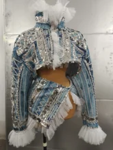  Sexy Stage Blue Jean Pattern 2 Pieces Set Sequins Costume Outfit Birthday Party Dance Nightclub Singer Performance Top Skirt 