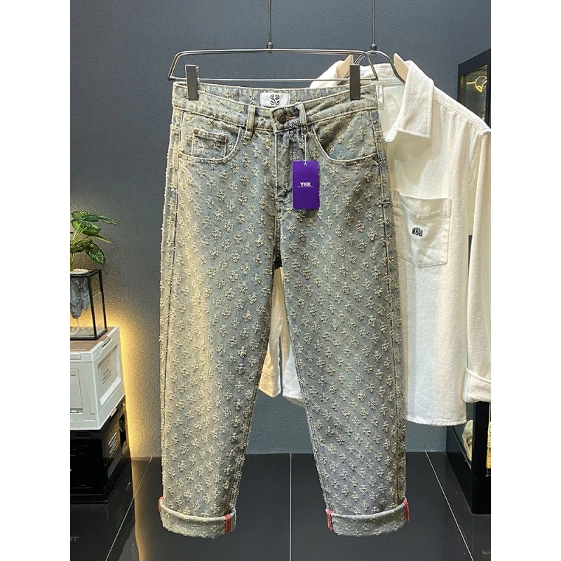 2024new high street jeans men's fashion fashion brand Korean style all-match casual street loose straight wide-leg pants