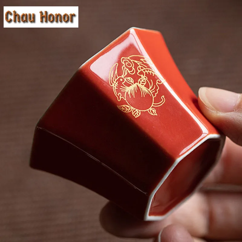 2pc/set Boutique Palace Red Glaze Art Ceramic Tea Cups Chinese Embroidered Single Master Cup Kung Fu Puer Teaset Drinkware 30ml 