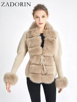 ZADORIN Fall Winter Women Faux Fur Coat Luxury Knitted Sweater Fur Cardigan Detachable Collar White Pink Jacket Faux Fur Coats 1