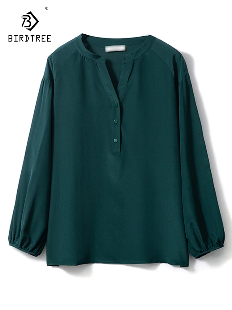 

Birdtree 100%Mulberry Silk French Shirt V-neck Lantern Sleeve Double Crepe Drop Shoulder Loose Shirt Office Lady Blouse T38802QC