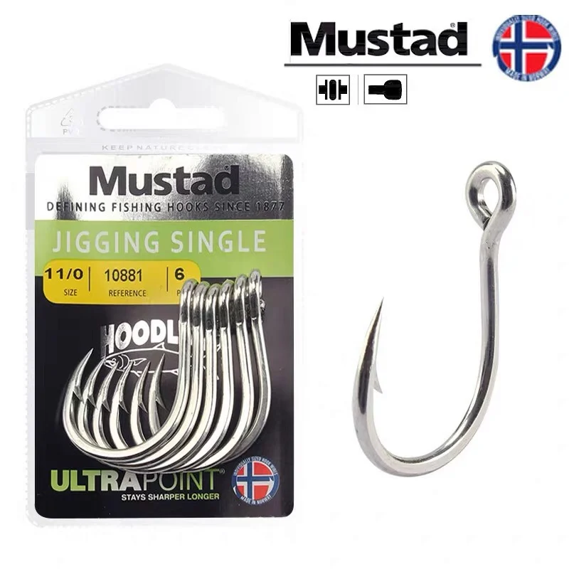 

Original 10881 Mustad Hooks Fishing Hooks Jigging Hook Single Ocean Jig Big Barbed With Hole Hook Squid Carp Hardbait Hook Pesca