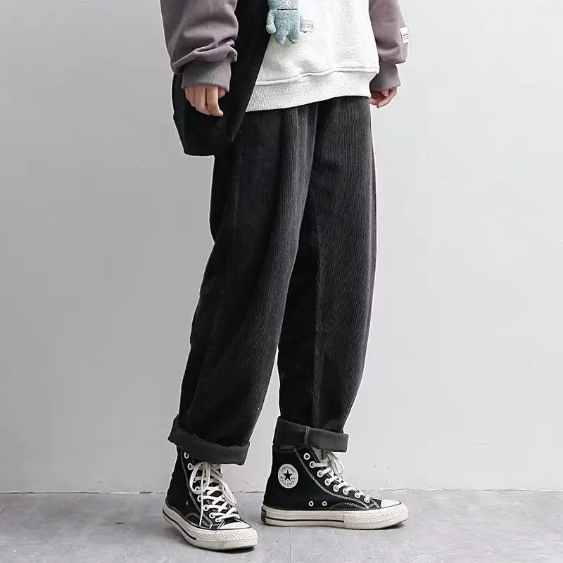 2023 Autumn KPOP Fashion Style Harajuku Slim Fit Trousers Loose All Match Corduroy Casual Pants Solid Pockets Straight Leg Pants