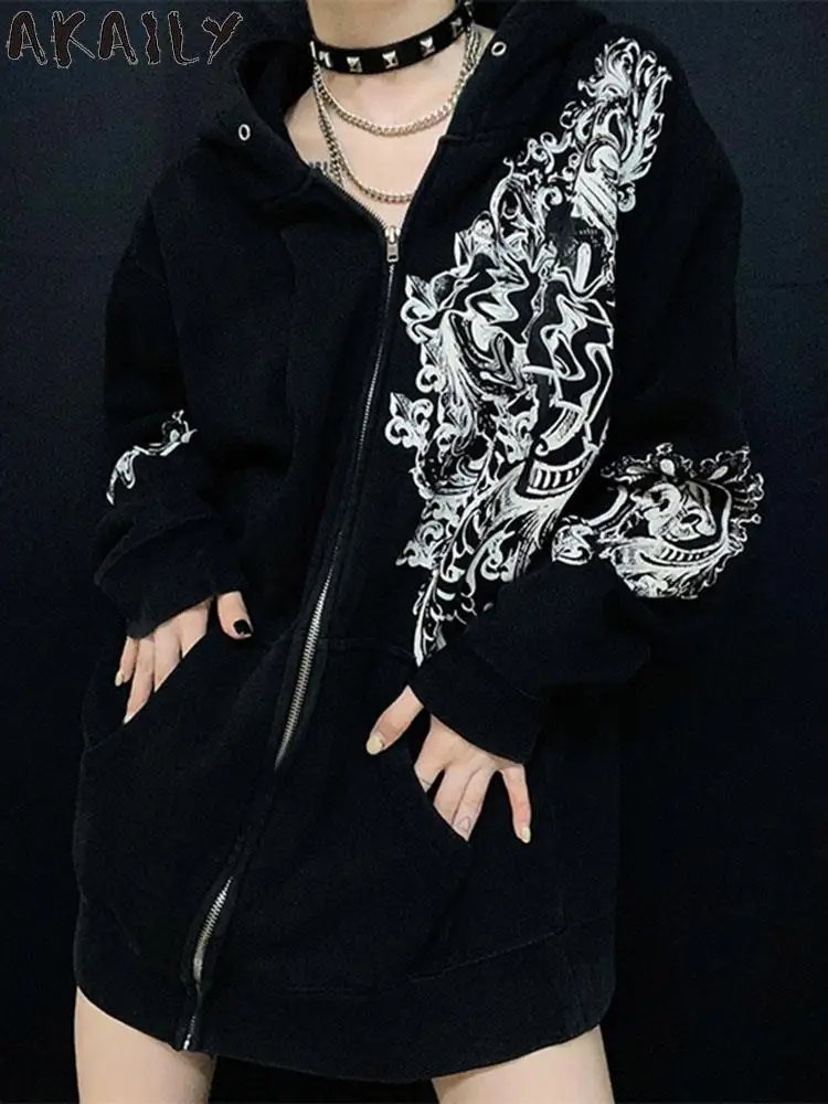 Akaily Fall Black Graphic Sweatshirts For Women Streetwear 2022 Hooded