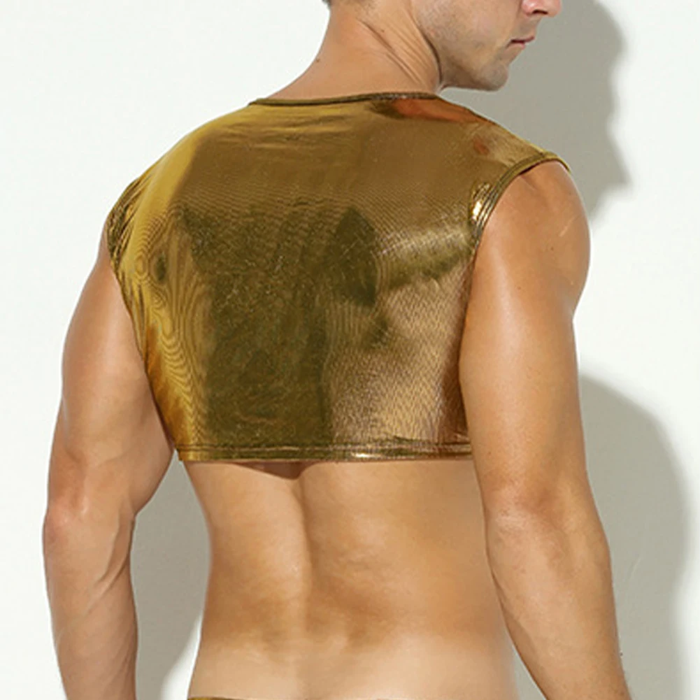

Men Tops Men Night Club Wear Sexy Shiny Singlets Summer Tee Top Wet Look Comfortable Crew Neck Cropped Tank Tops