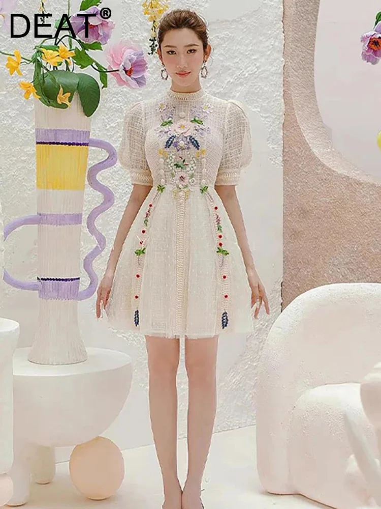 

DEAT Women's Fashion Dress O-neck Lantern Sleeve Embroidery Flower High Waist Elegant Casual Dresses Spring 2024 New 13DB3176