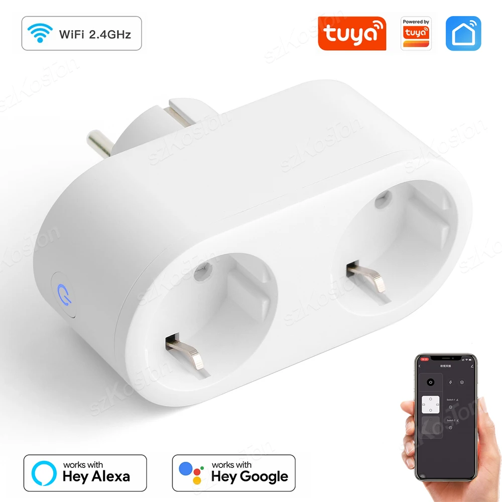 Tuya WiFi חכם תקע 2 ב 1 16A האיחוד האירופי חכם שקע עם כוח צג עיתוי מכשיר הביתה כפולה בקרת עובד עם Alexa Google