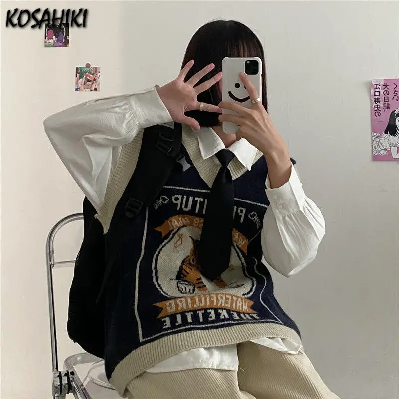 KOSAHIKI Sweater Vest Women Kawaii Cat Waistcoat Streetwear Knitting Chic Fashion College All-match Harajuku Y2k Vests Chandails 3