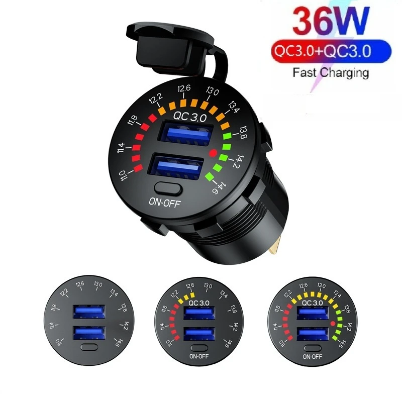 fast car charger for android 12V 24V Quick Charge 3.0 Dual USB Car Charger Waterproof 18W USB Outlet Fast Charge with LED Voltmeter ON OFF Switch usb c car charger