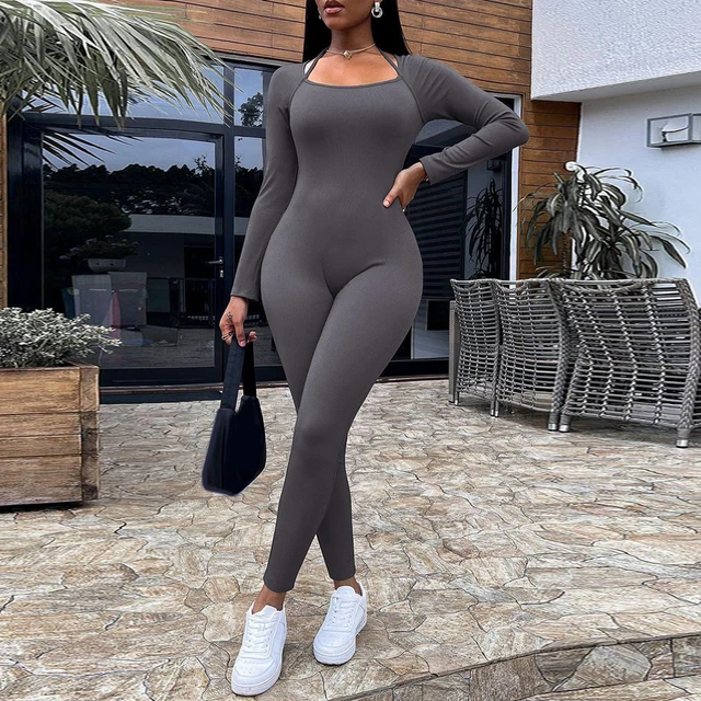 Women's Spring Autumn Long Jumpsuit Long Sleeve Solid Skinny Bodycon  Rompers Solid Color U Neck Slim Bodysuit Fitness Overalls - AliExpress
