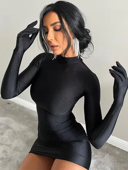 Solid Long Sleeve With Gloves Mini Dress Bodycon Sexy Streetwear Party Half Turtleneck Outfits Y2K Clothes Wholesale 1