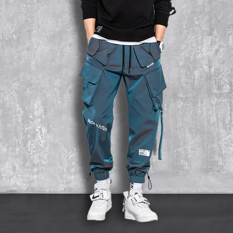 Tanie Męskie odblaskowe spodnie Cargo, moda uliczna, Hip Hop, luźne spodnie sklep
