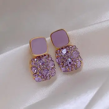 925 Silver Needle Korean Fashion Purple Crystal Earrings For Women Jewelry 2025 Trending New Luxury Zircon Square Drop Earrings