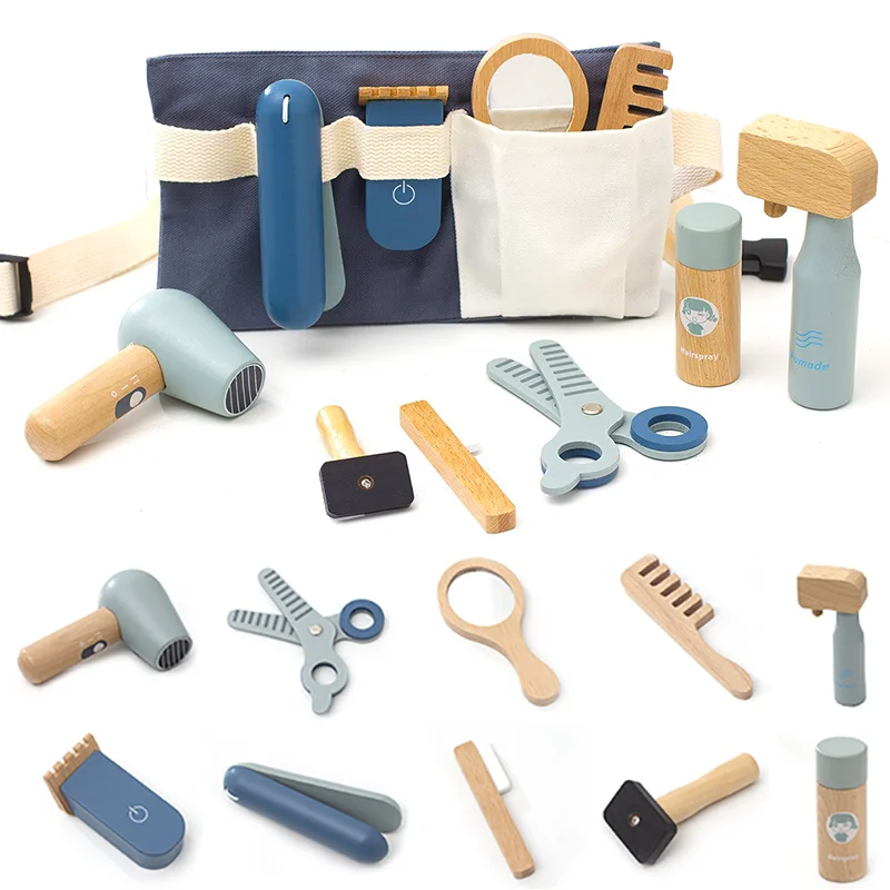 Wooden Makeup Haircut Toy Beauty Fashion Salon Playset Games Combs Hair Dryer Pretend Play House Barber Makeup Kit for Kids
