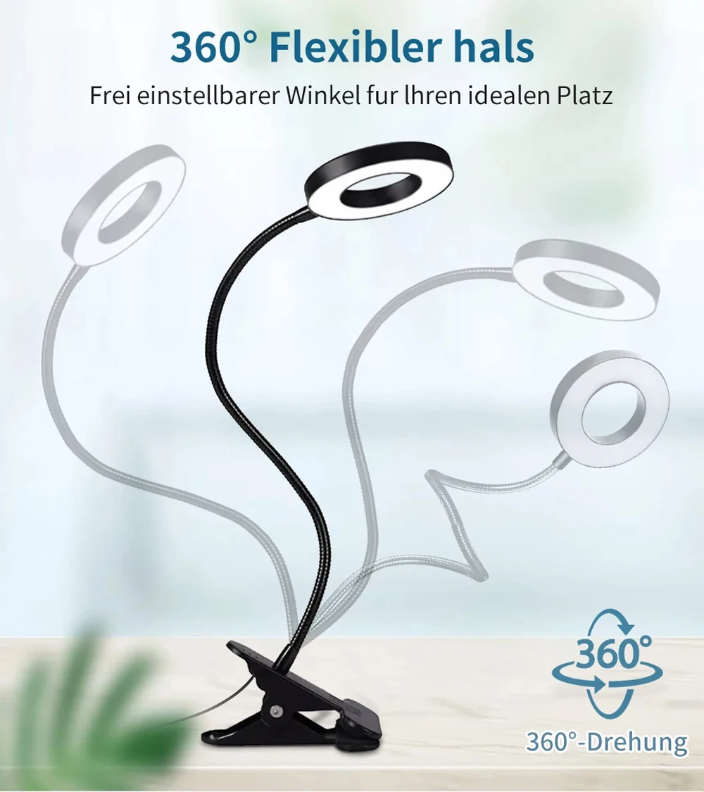Clip on Light LED Reading Book Study Lamp 3 Color Modes 10 Brightness Eye Protection 360° Flexible Gooseneck Student Desk Lamp - 3