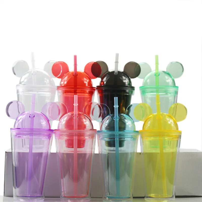 

500ml portable transparent Mickey cover straw coffee cup double plastic hot water cup pour Weng cup Christmas present can be cus