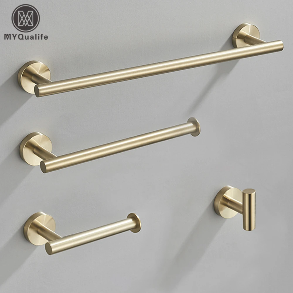 Brushed Gold Bathroom Accessories Set Wall-Mount Stainless Steel Towel Bar Rack Toilet Roll Paper Holder Robe Hook Hardware