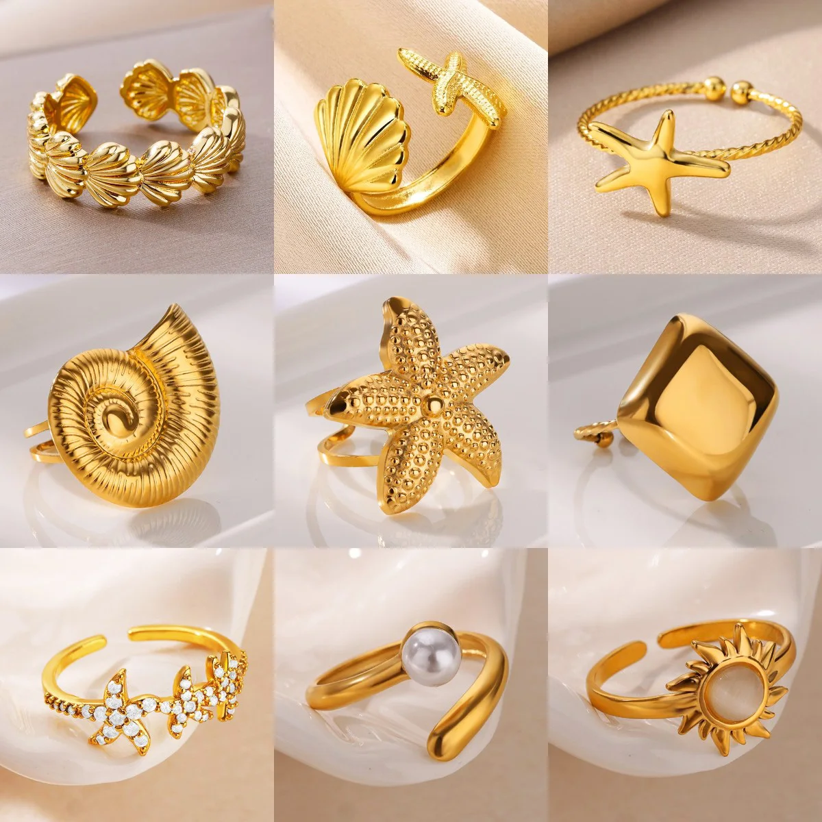 Anelli stella marina con conchiglia vintage per donna Anello di apertura oceano con conchiglia in acciaio inossidabile color oro Regalo di gioielli estivi per matrimoni  36