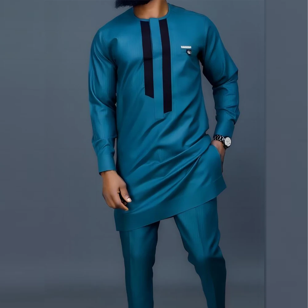 New Men's Tenos Wedding 2-Piece Suit Waist Pants Shirt Solid Color Panel Long Sleeve Party African Ethnic Style Clothing (M-4XL) 4
