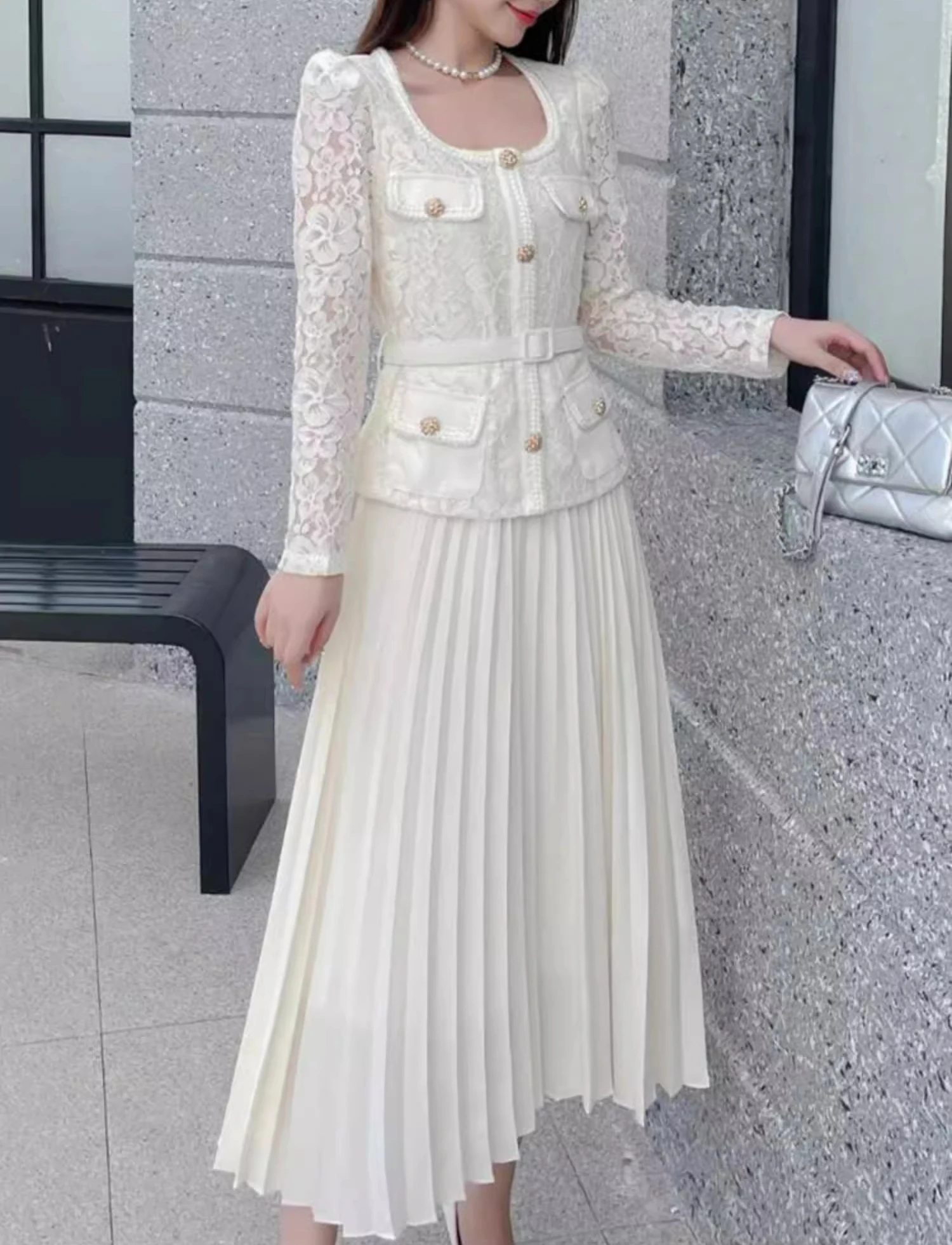 

Beige Lace Patchwork Dress Women Vintage Golden Button Square Neck Elegant Womens Clothing Long Sleeve Luxury Design Vestido