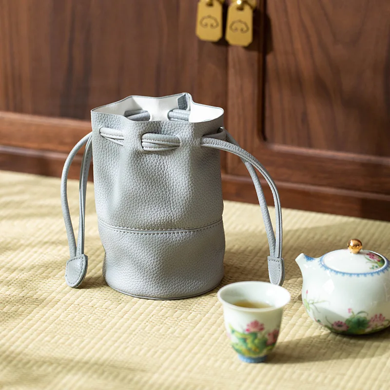 Leather Tea Set Travel Bag - Portable Storage Pouch for Gaiwan & Tea Cups, Minimalist Business Tea Accessories Organizer