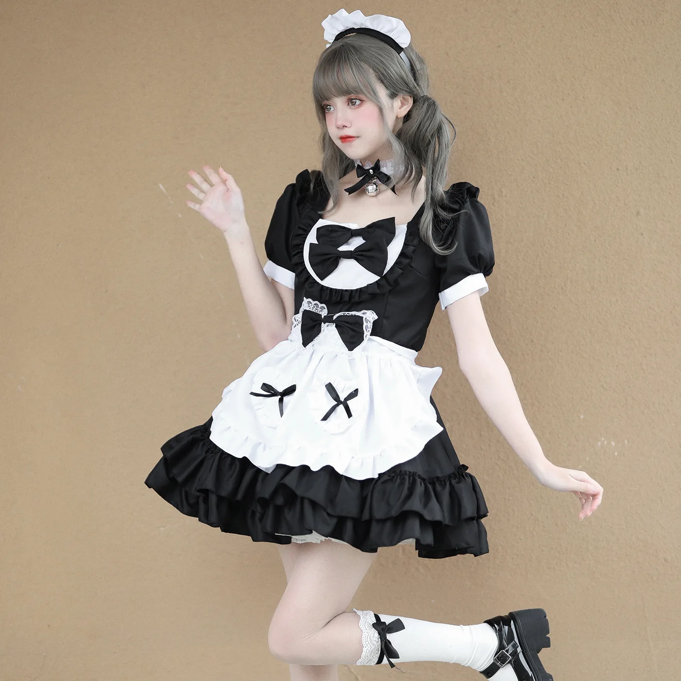 

Aesthetic Uniforms Woman Short Lolita Dress Bow Headdress Anime Kawaii Role Play Costumes Cute Style Maid Suit