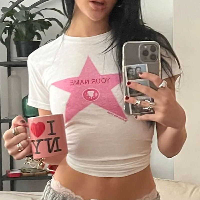 New printed T-shirt, fashionable casual short sleeved top, Y2K summer sexy electronic girl T-shirt, women's clothing