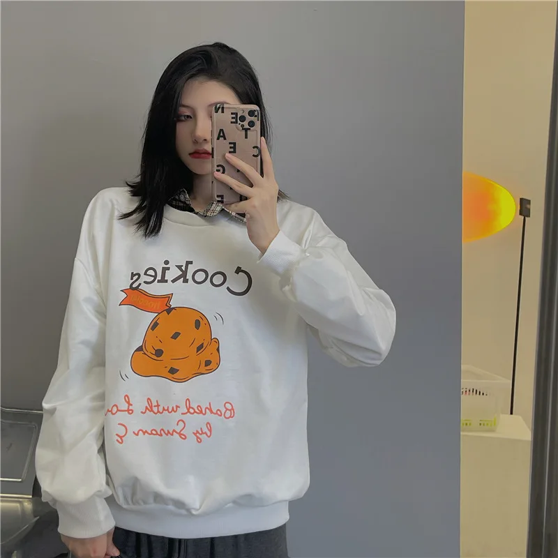 Fake Two Piece Pullovers Japan Style Cotton Graffiti Lapel Loose Casual Sweatshirts Spring Autumn Fashion Thin Long Sleeve Tops